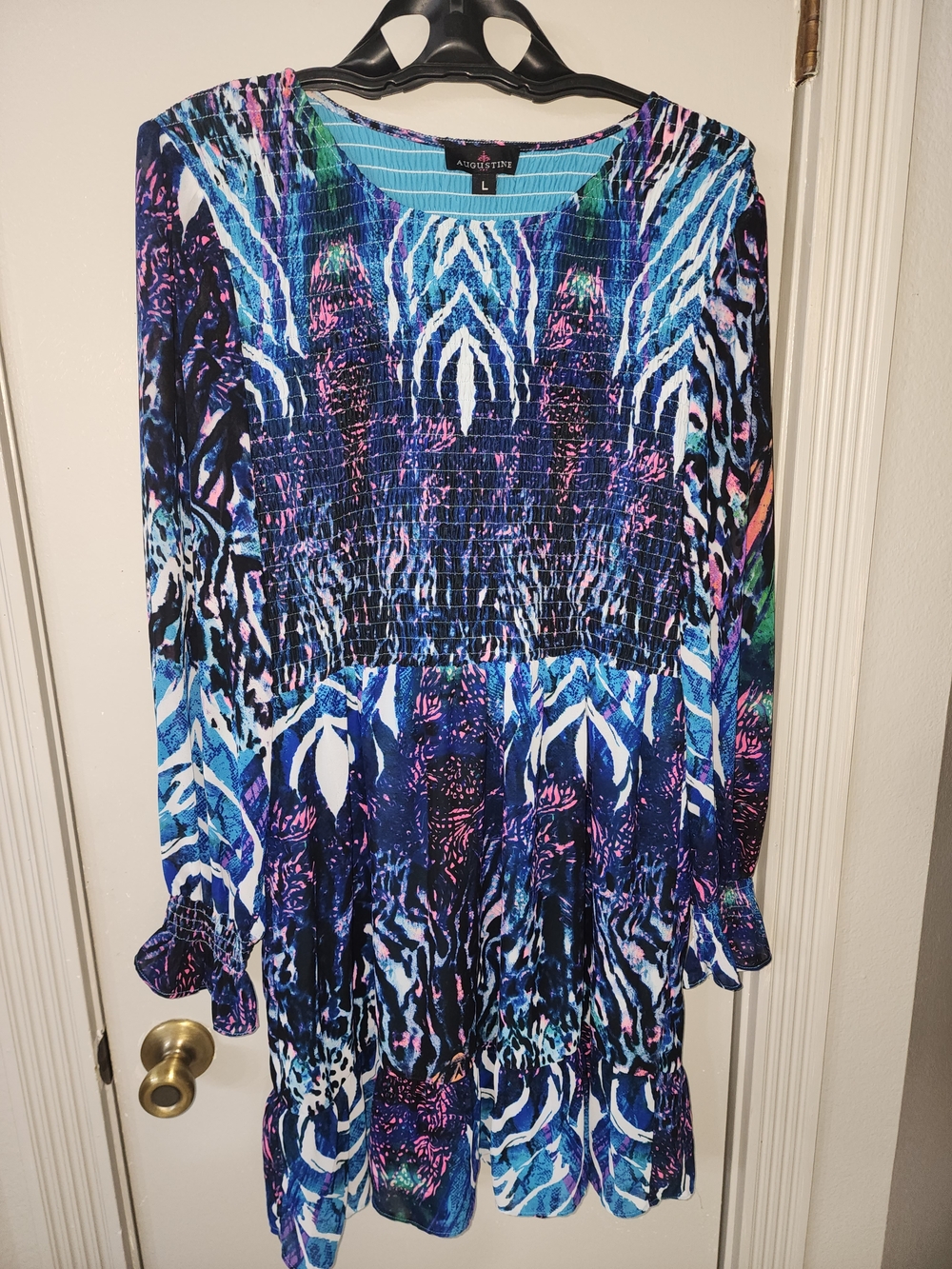 Augustine Blue Teal & Purple Abstract Smocked Dress Knee Lenght Chic